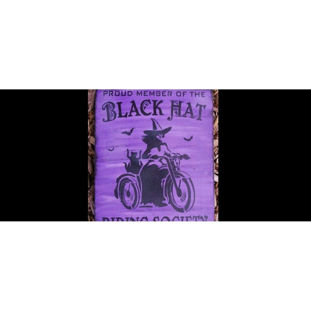 Primitive witch sign Black Hat Riding Society Motorcycles bikers Halloween cats